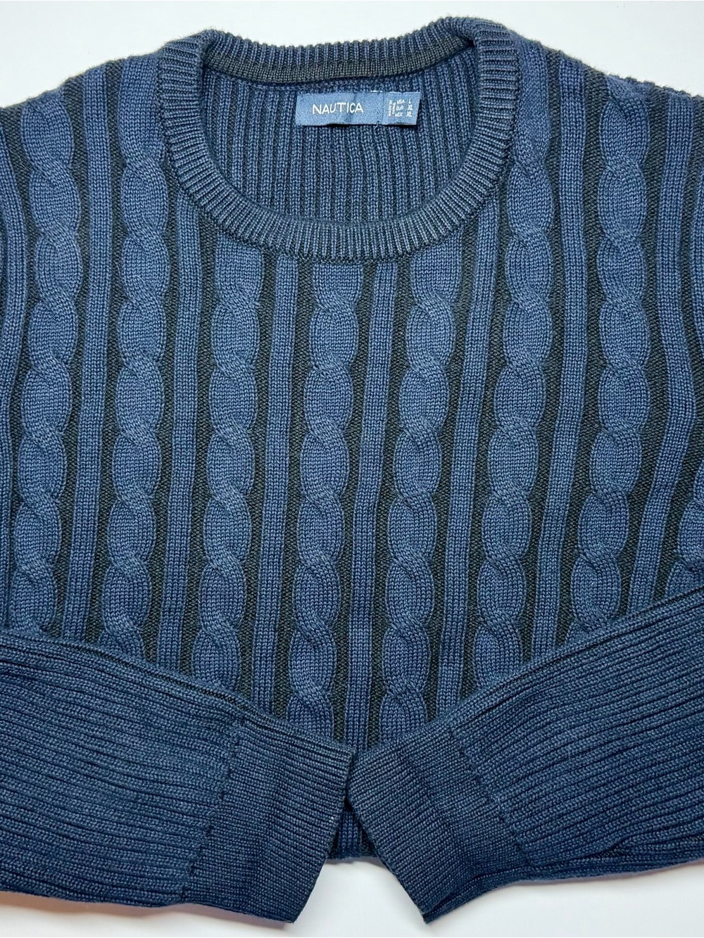 Nautica Men’s Blue Cable Knit‎ Crewneck Sweater Cotton Ribbed Pullover Large L
